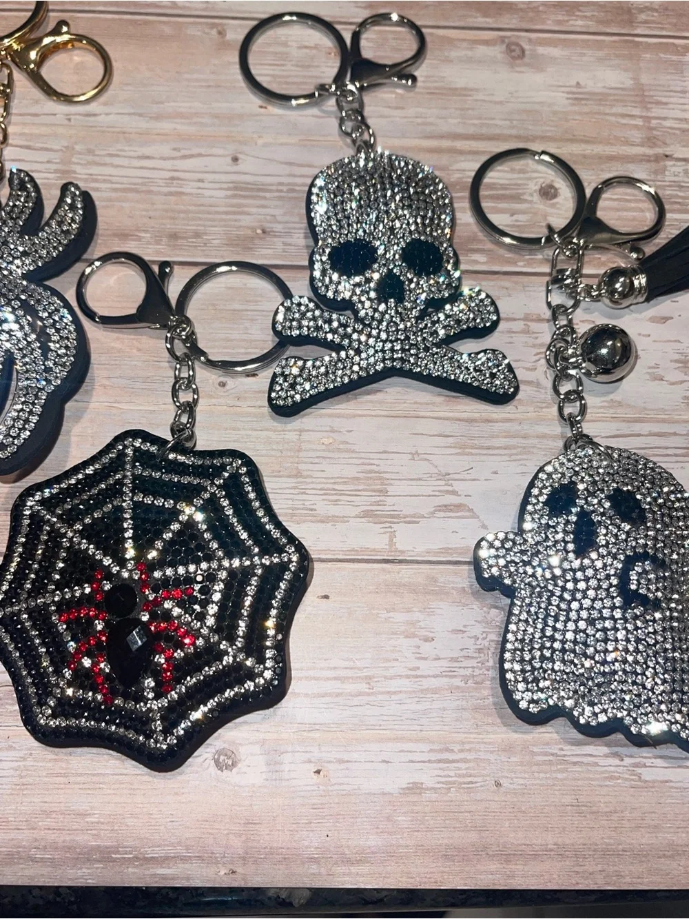Rhinestone puffed Skull & Spiders Keychain Bag Charm with Tassel